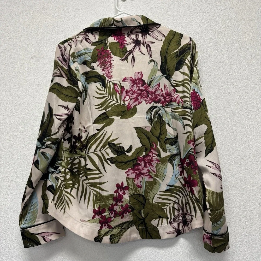 Tommy Bahama Pajama Top S Beige Floral Tropical Satin‎ Button Up Long Sleeve